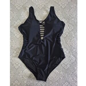 Aqua Eve Black Strappy Lattice One Piece Swimsuit Plus Size 20W NWT